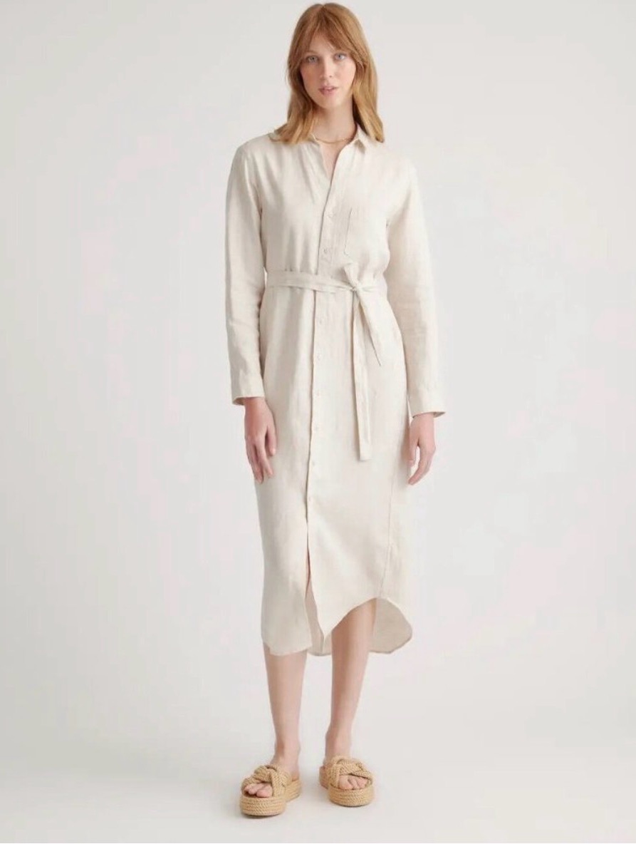 Quince Cream Long-Sleeve Tie-Waist Shirt Dress